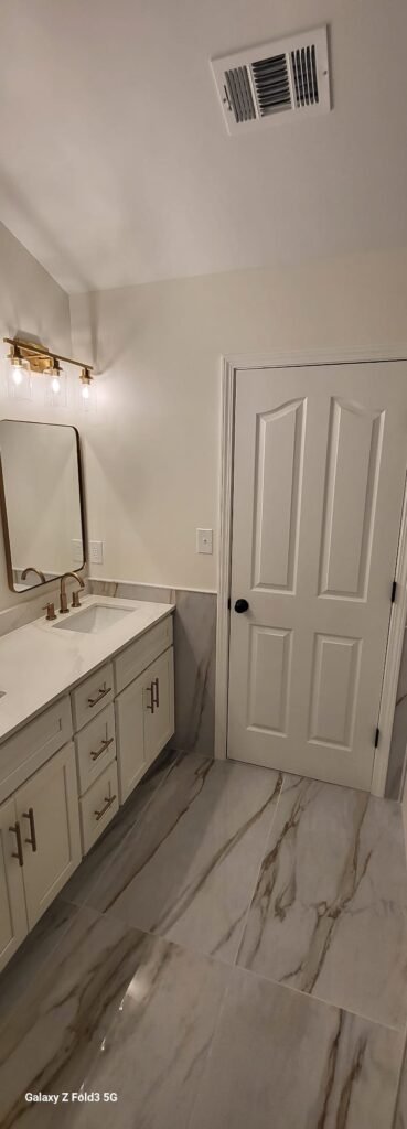 Bathroom Restoration: Floor Tile Installation, Cabinet, and Sink Upgrade